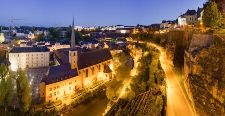 Panoramic view of Luxembourg city’s Grund, at dusk, in 2010. Panoramic view of Luxembourg city’s Grund, at dusk, in 2010.
